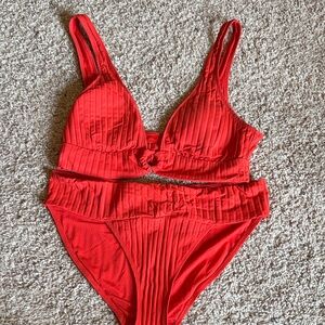 aerie Red Ribbed Knot Bikini Set